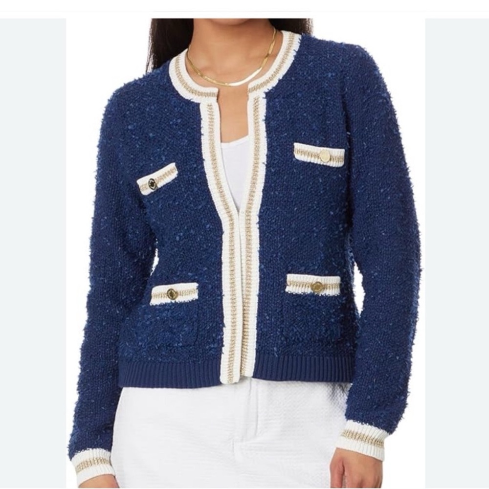 NEW LILLY PULITZER Nalayna Cardigan Navy Blue Gold Cream Long Sleeve size Med